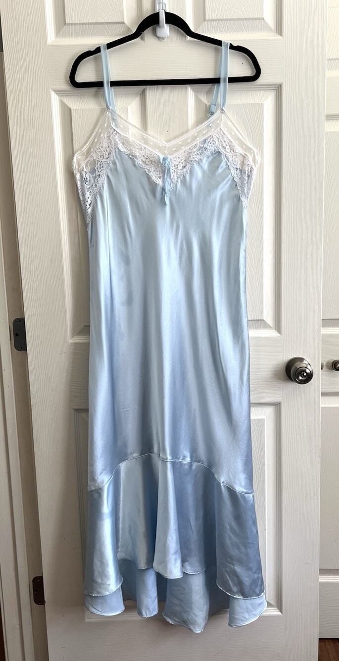 OSCAR DE LA RENTA Pink Label Vintage Y2K Blue Satin Lace Midi Nightgown Sz L
